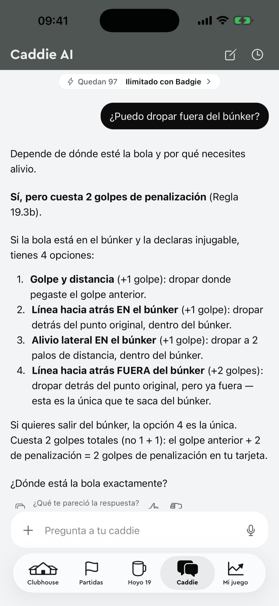 Caddie AI da Badgie Golf a responder sobre o alívio do bunker com a regra 19.3b