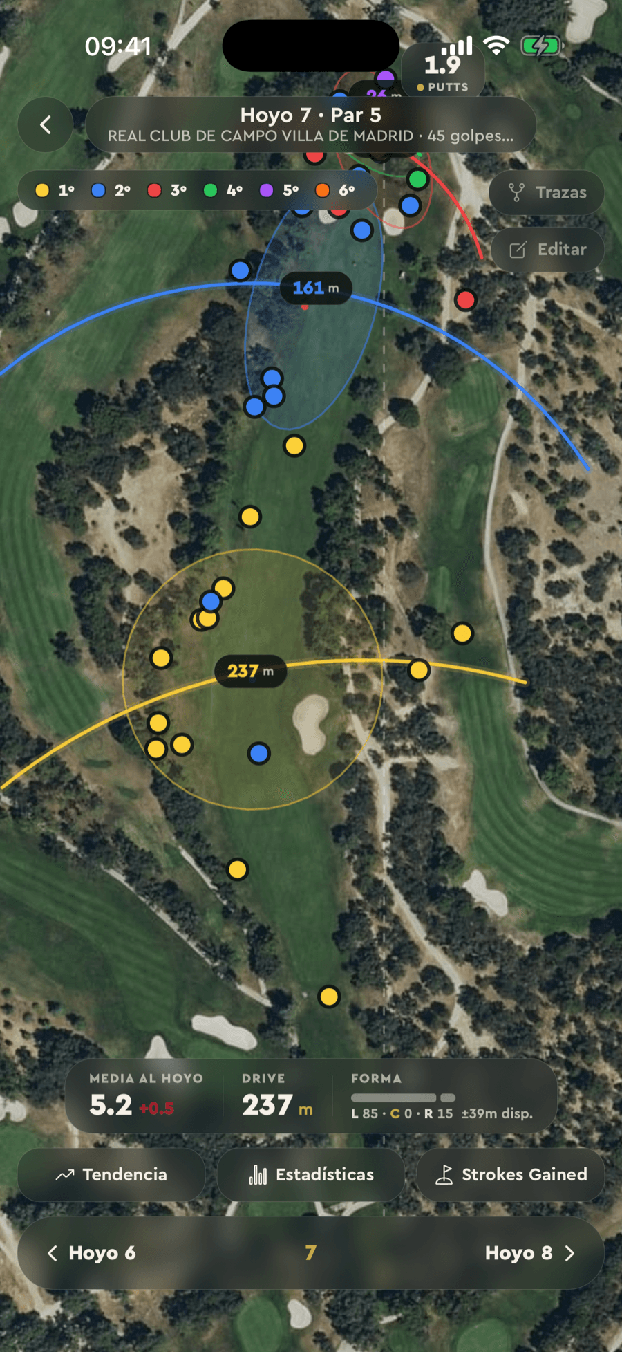 Dispersão de pancadas da Badgie Golf sobre o satélite do buraco 7, com Strokes Gained