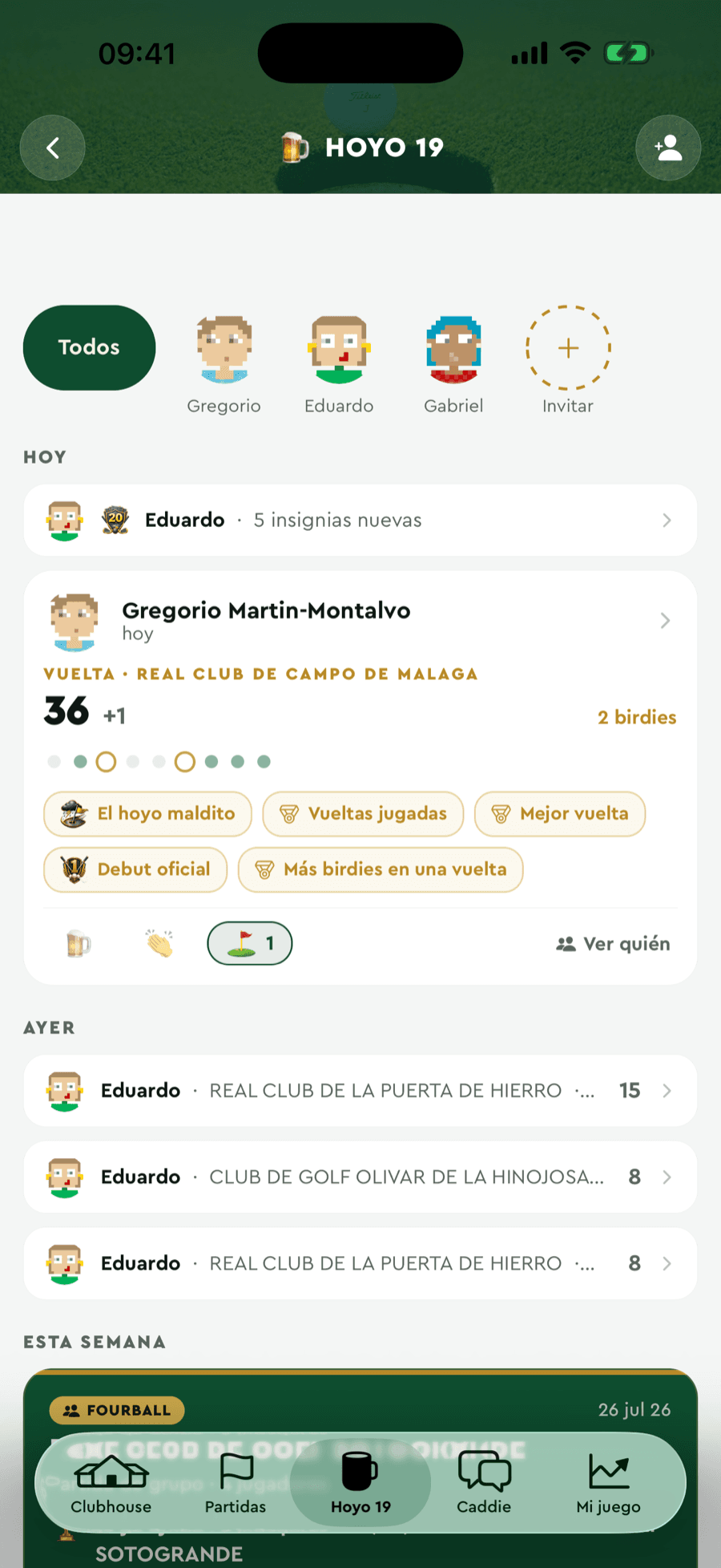 O Buraco 19 da Badgie Golf: feed social com voltas, insígnias e partidas