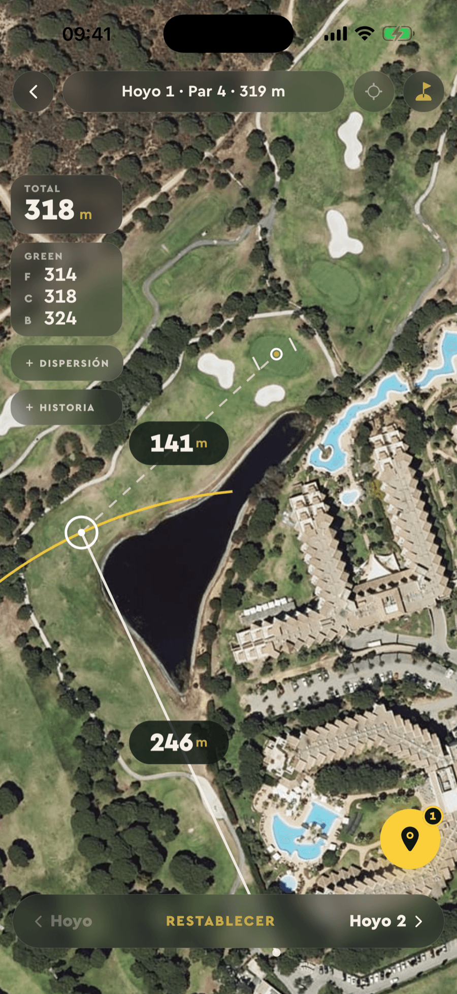 Medidor GPS de Badgie Golf con los polígonos del green y las distancias del hoyo