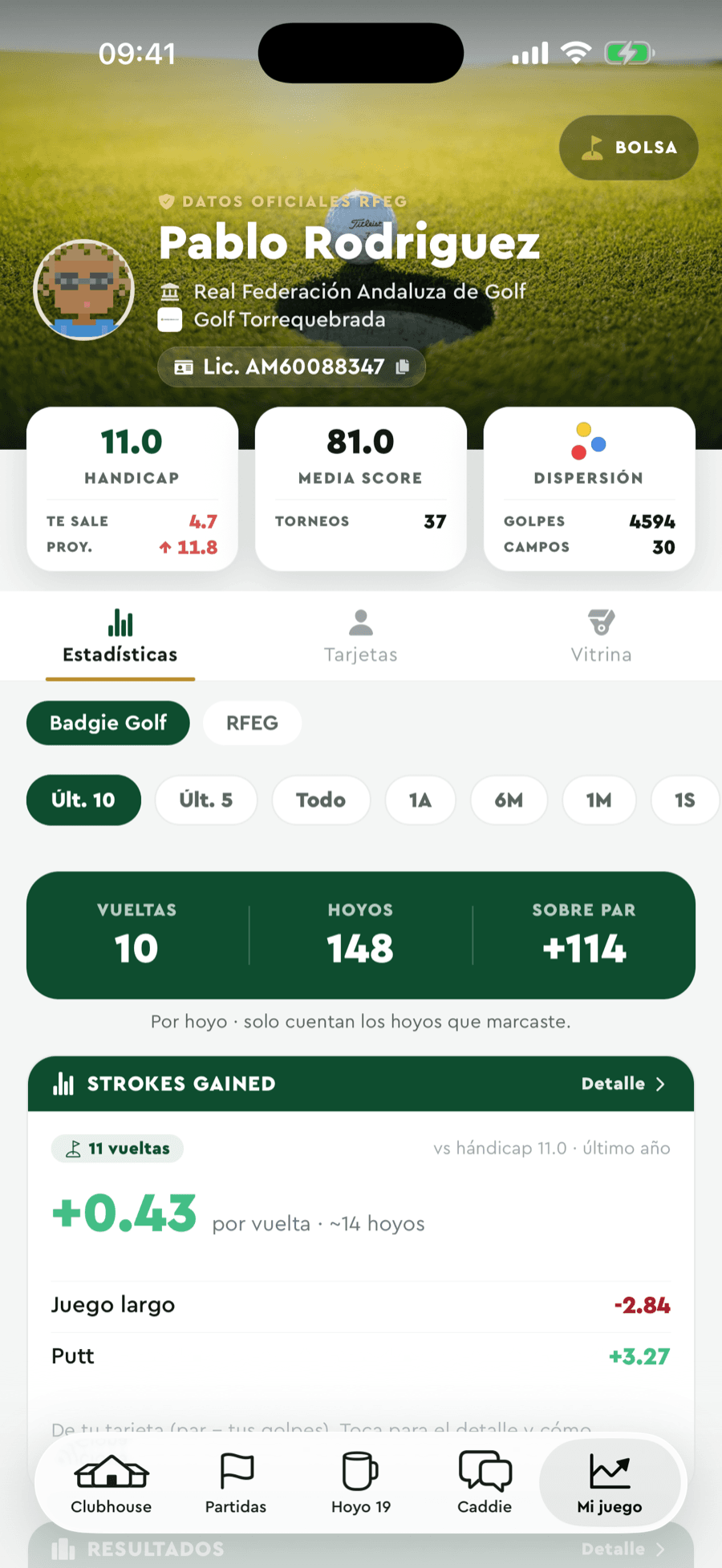 Ficha oficial RFEG na Badgie Golf: handicap 11.0, média de pancadas e torneios sincronizados